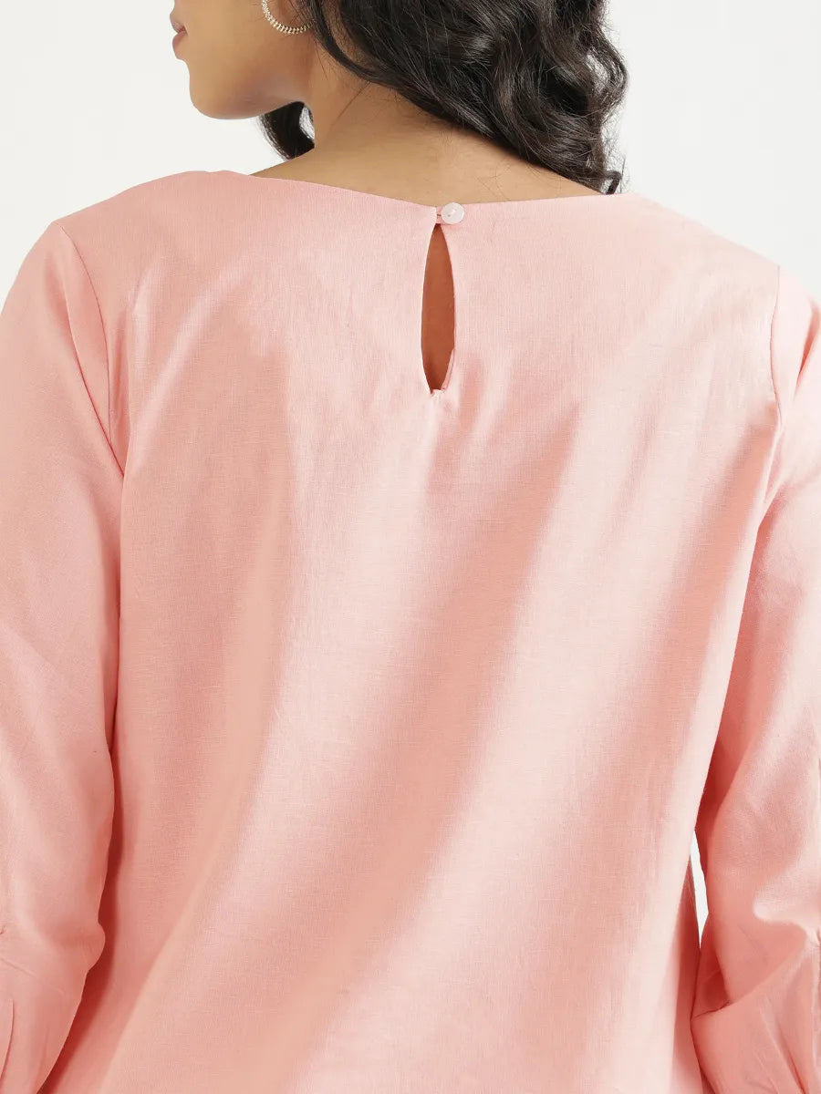 Women Salmon Pink Airy Linen Puff Sleeve Long Kurta
