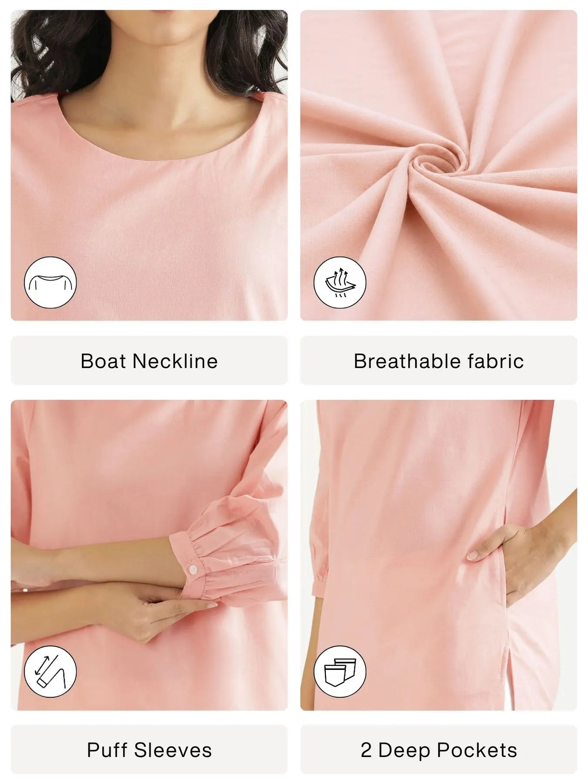 Women Salmon Pink Airy Linen Puff Sleeve Long Kurta