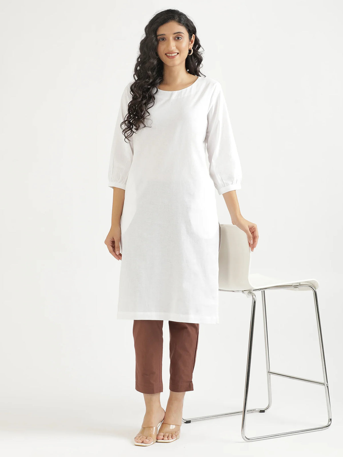 Women White Airy Linen Puff Sleeve Long Kurta