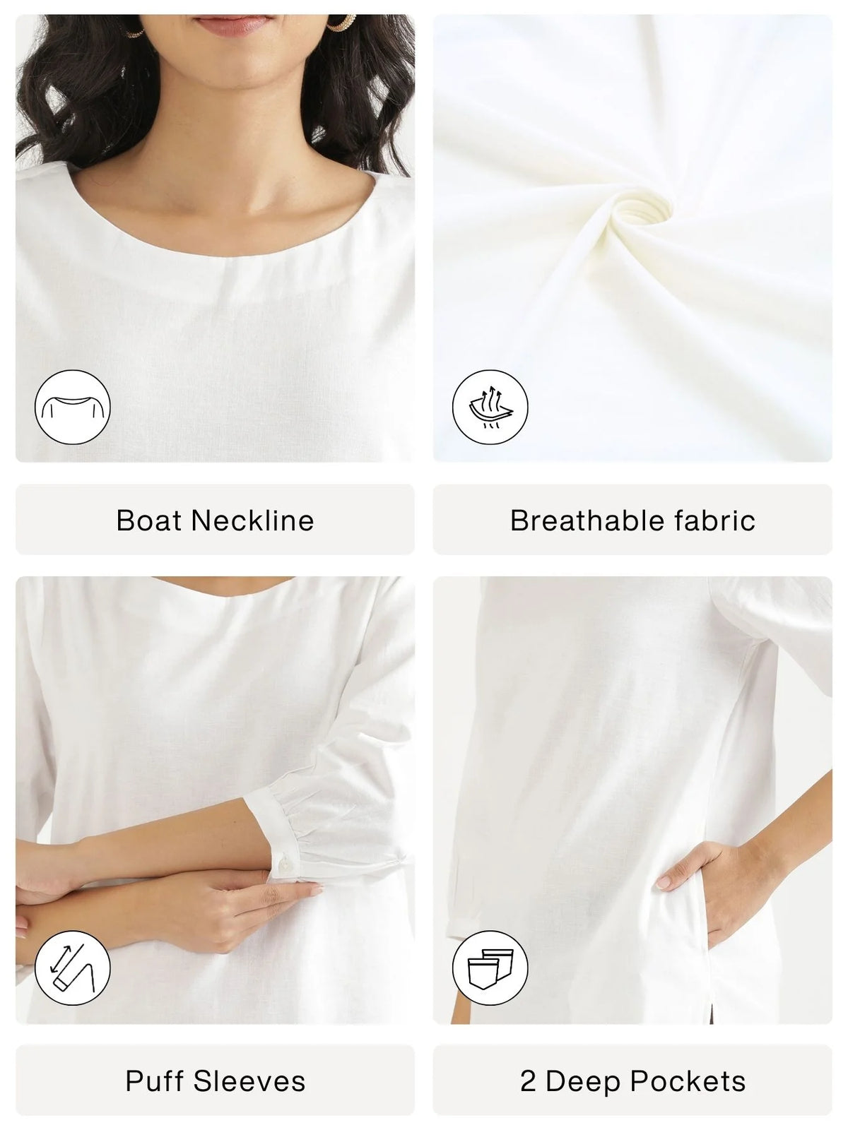 Women White Airy Linen Puff Sleeve Long Kurta