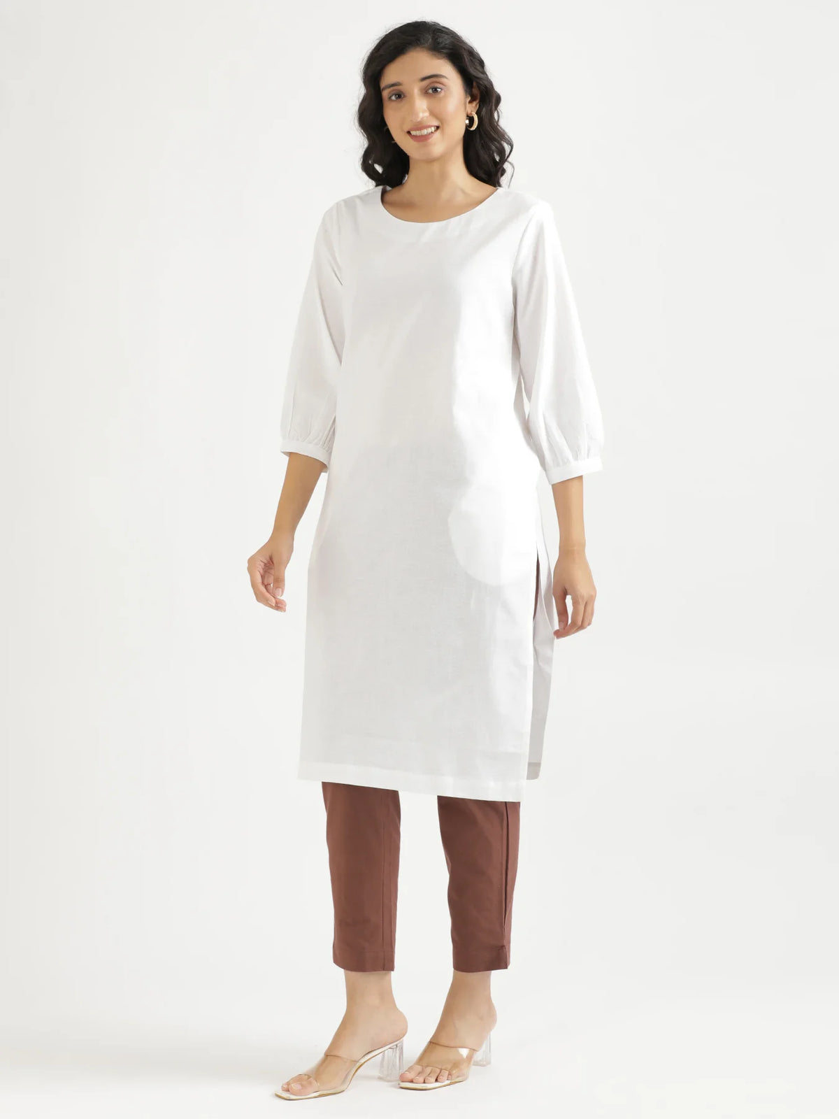 Women White Airy Linen Puff Sleeve Long Kurta