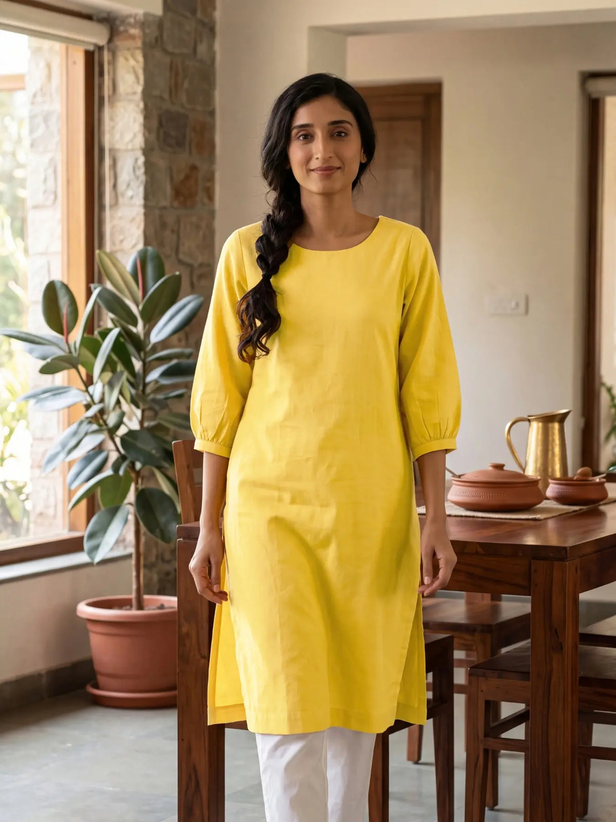 Women Yellow Airy Linen Puff Sleeve Long Kurta