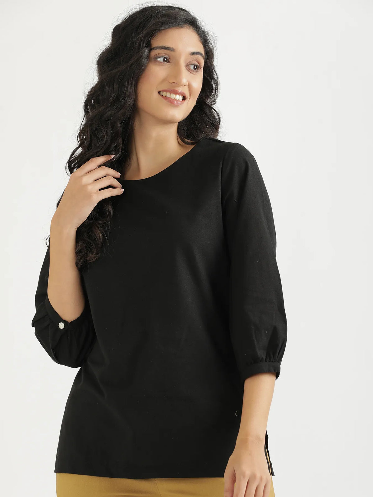 Women Black Airy Linen Puff Sleeve Short Kurta