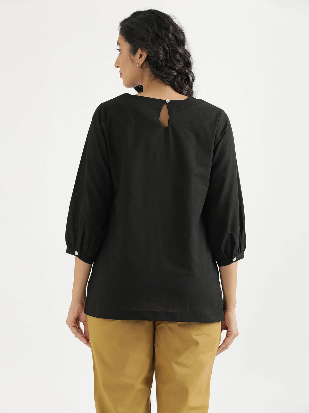 Women Black Airy Linen Puff Sleeve Short Kurta