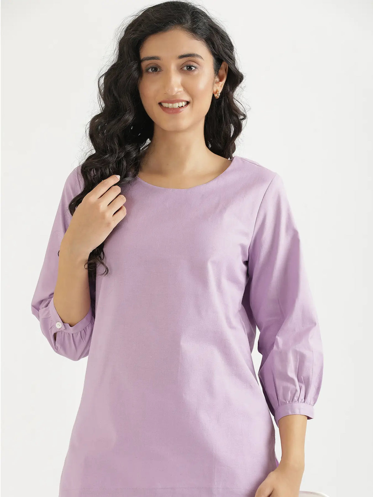 Women Lilac Airy Linen Puff Sleeve Short Kurta