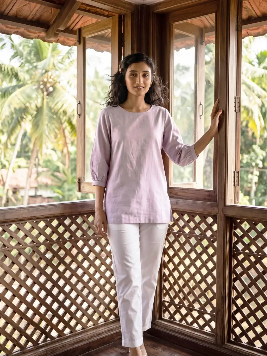 Women Lilac Airy Linen Puff Sleeve Short Kurta
