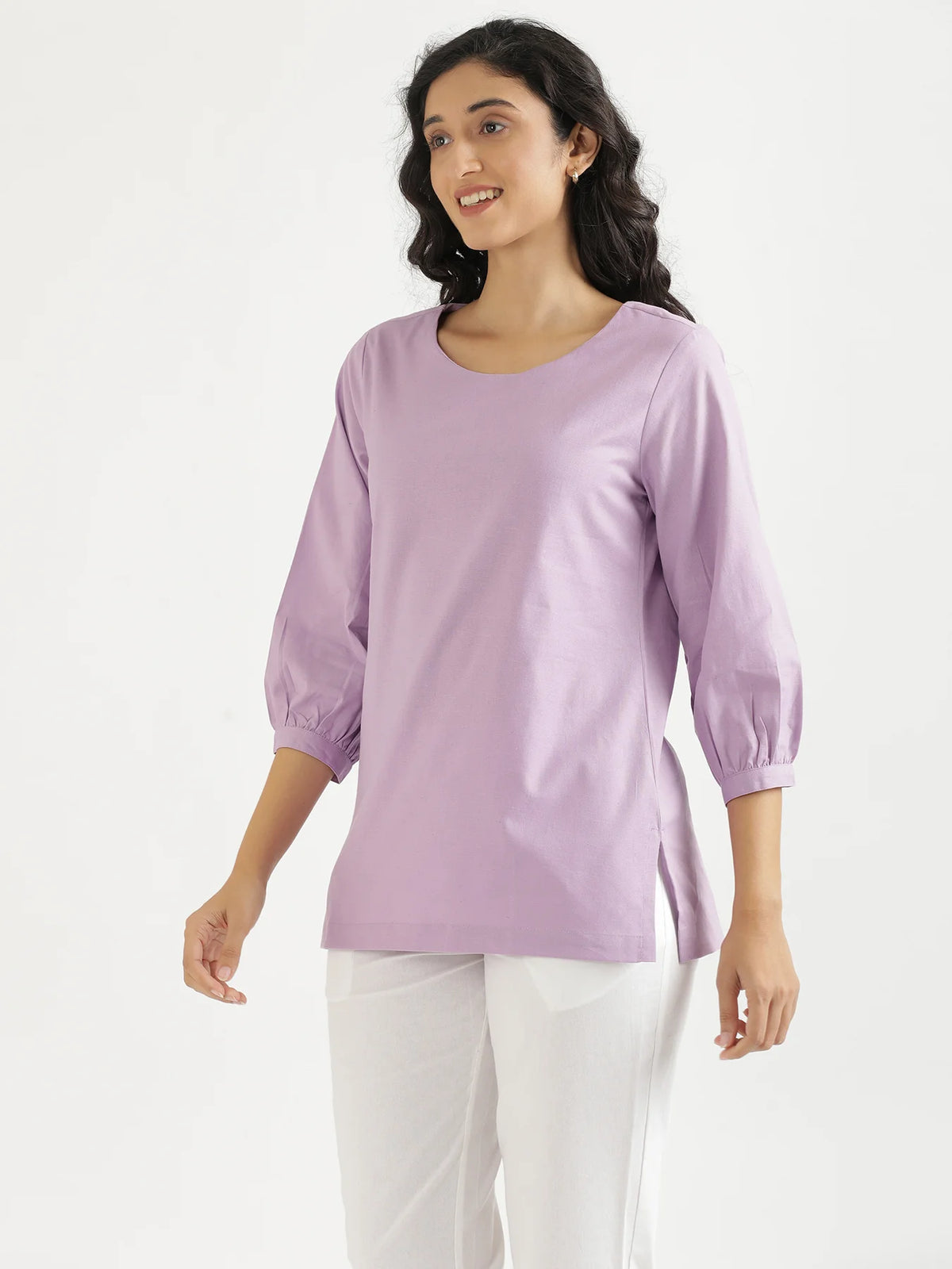 Women Lilac Airy Linen Puff Sleeve Short Kurta