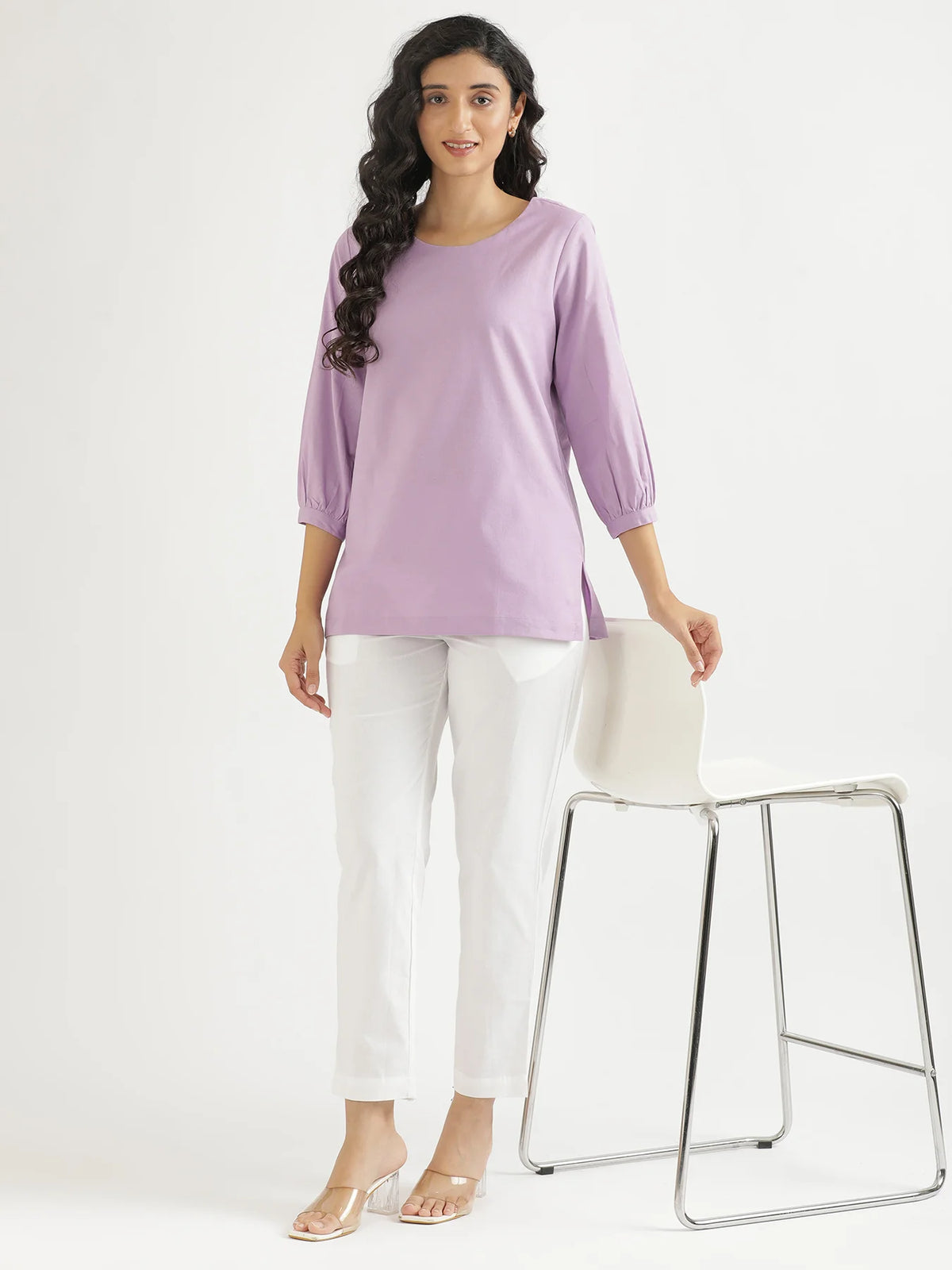 Women Lilac Airy Linen Puff Sleeve Short Kurta