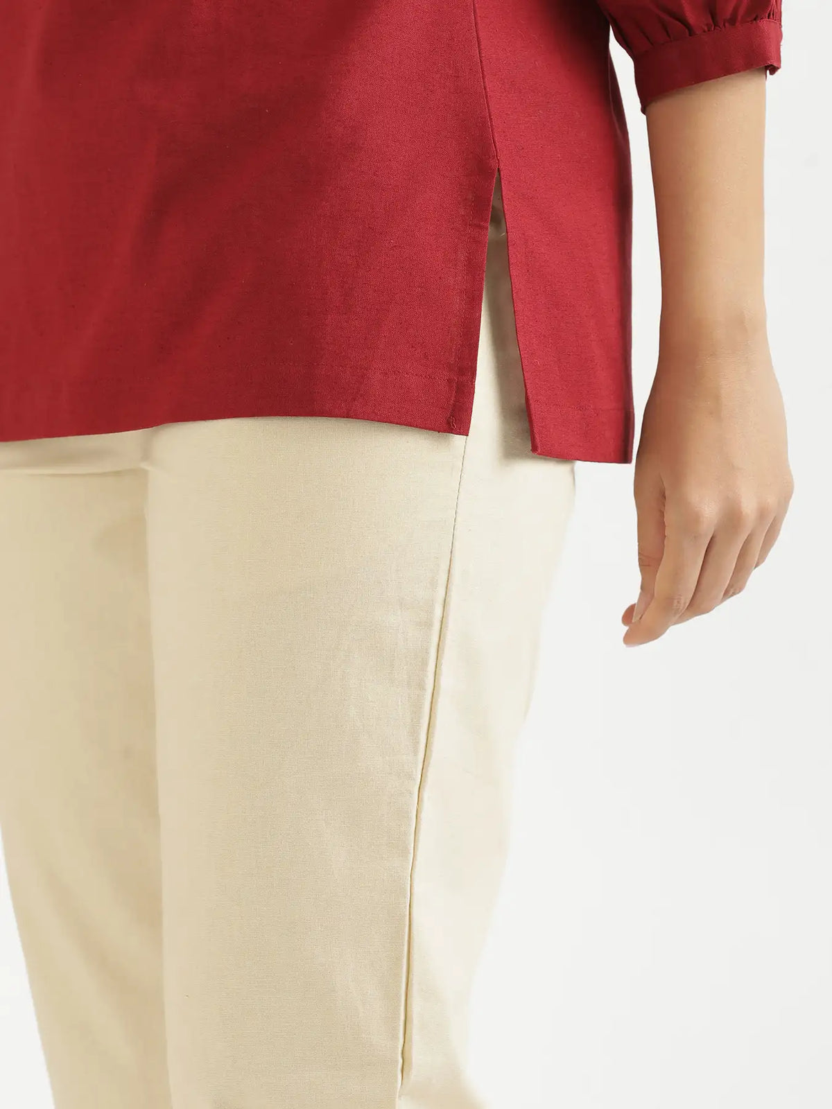 Women Maroon Airy Linen Puff Sleeve Short Kurta