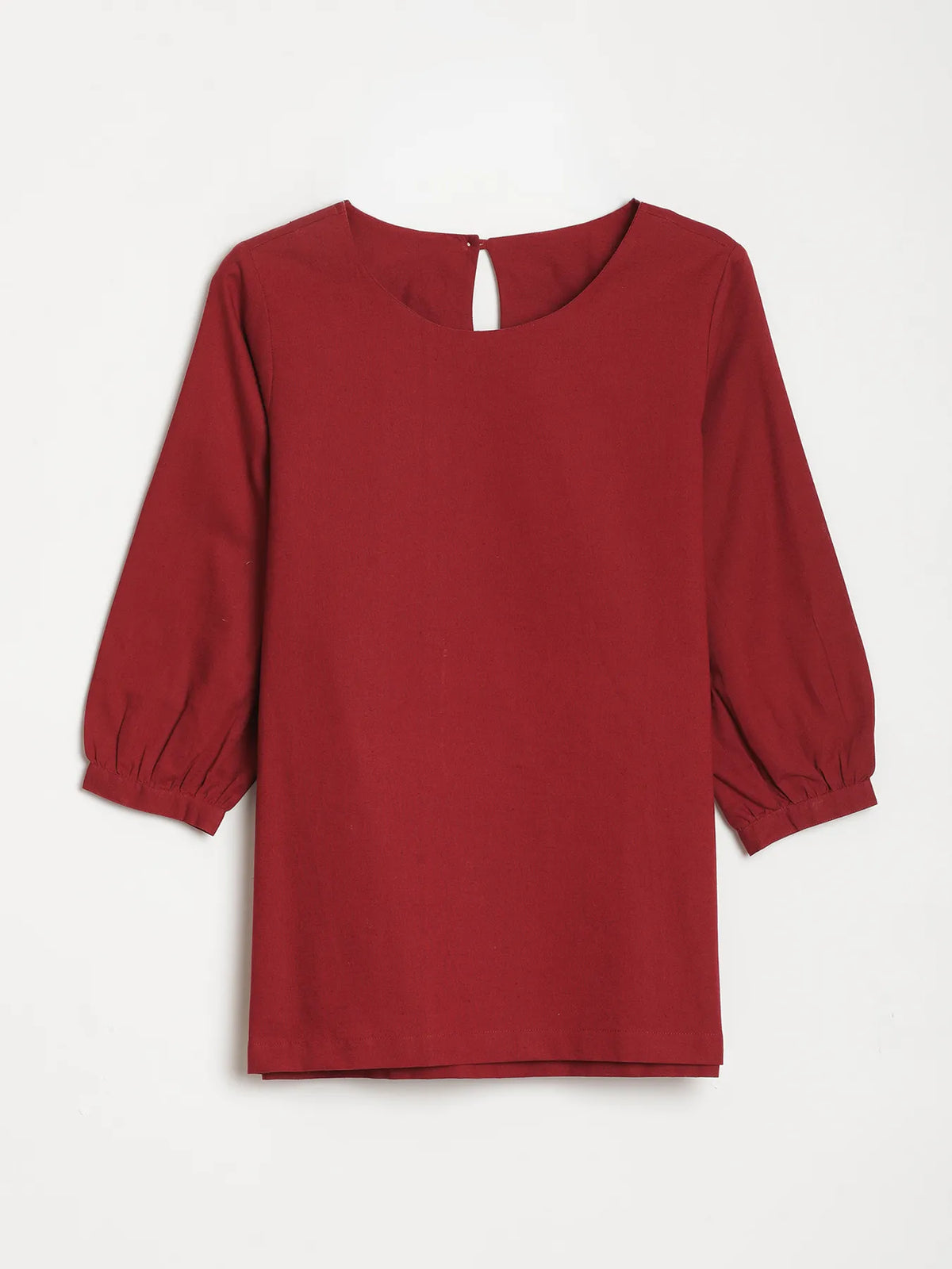 Women Maroon Airy Linen Puff Sleeve Short Kurta