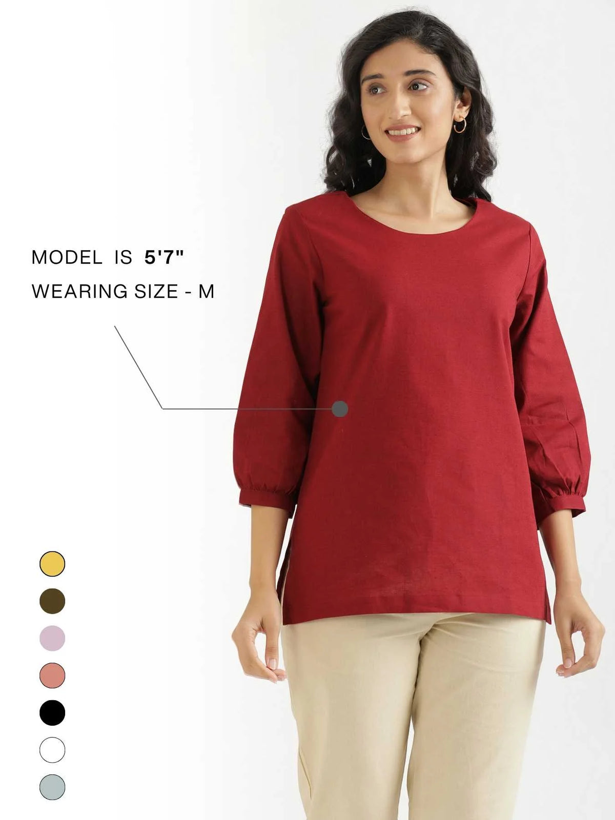 Women Maroon Airy Linen Puff Sleeve Short Kurta