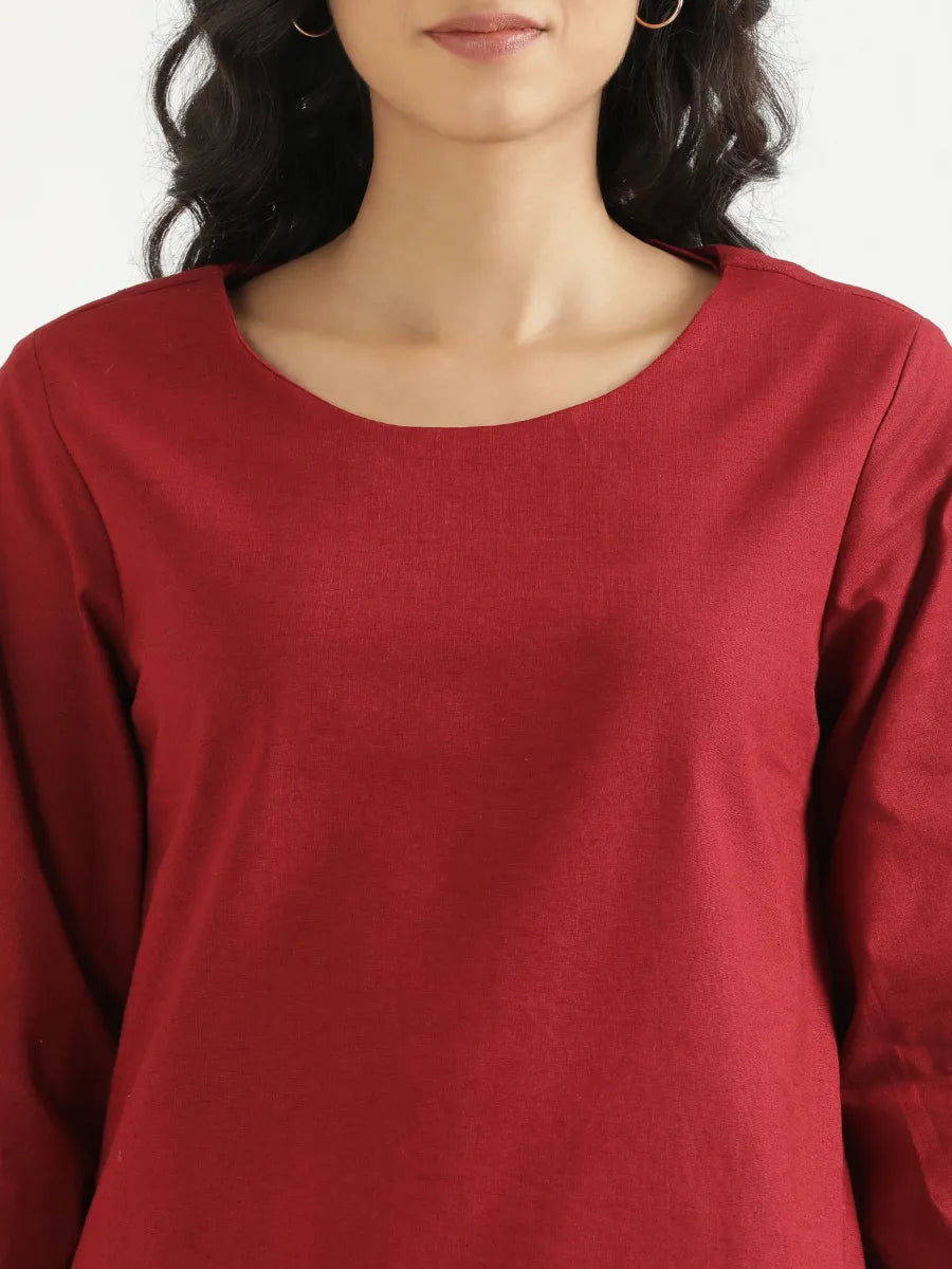 Women Maroon Airy Linen Puff Sleeve Short Kurta
