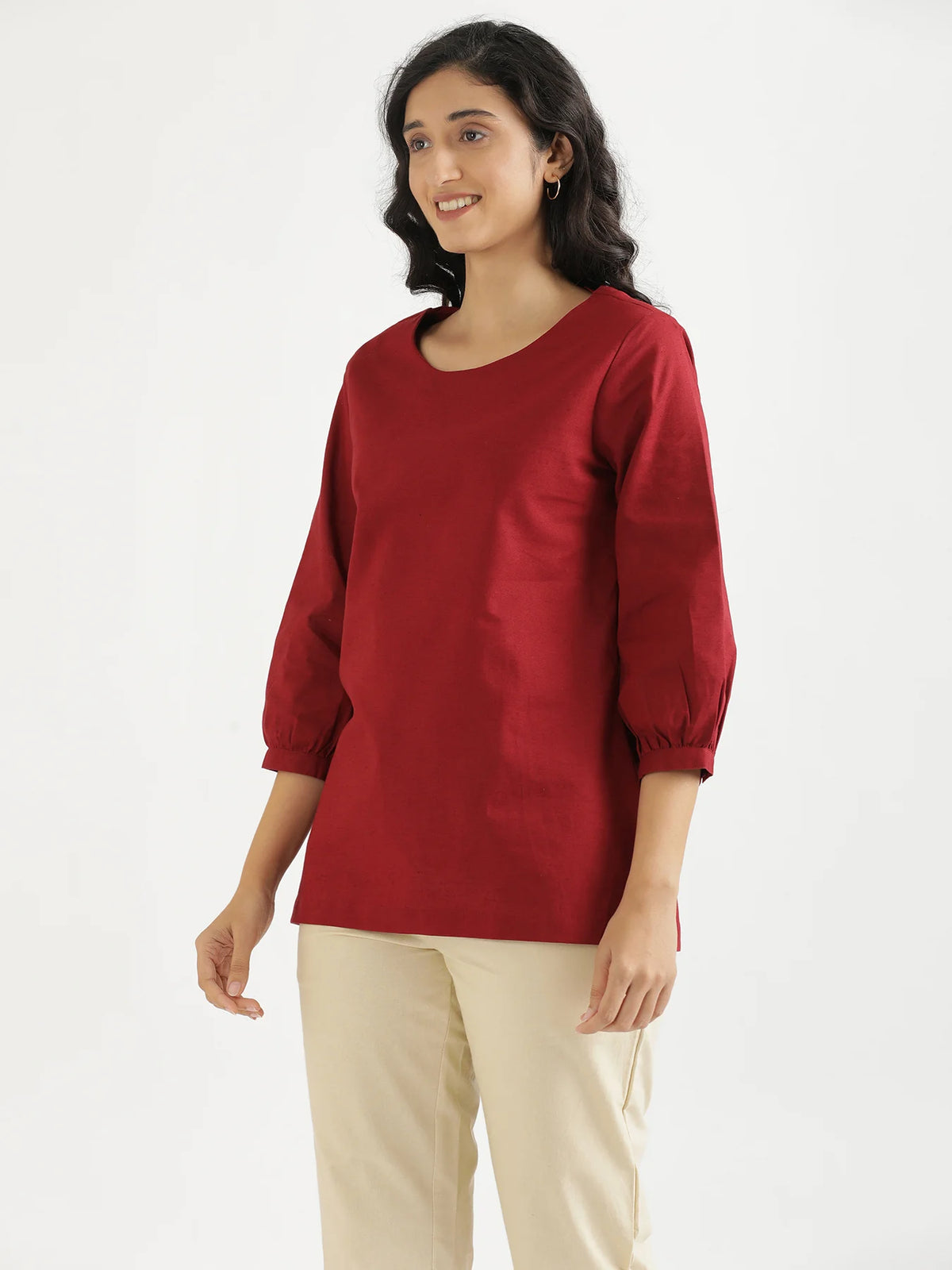 Women Maroon Airy Linen Puff Sleeve Short Kurta