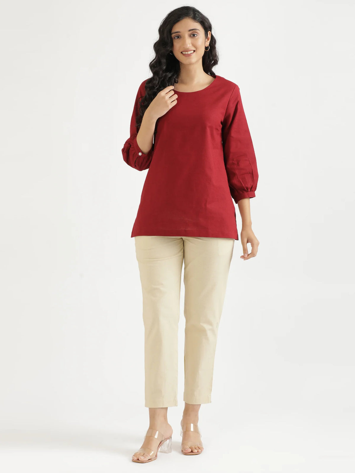 Women Maroon Airy Linen Puff Sleeve Short Kurta