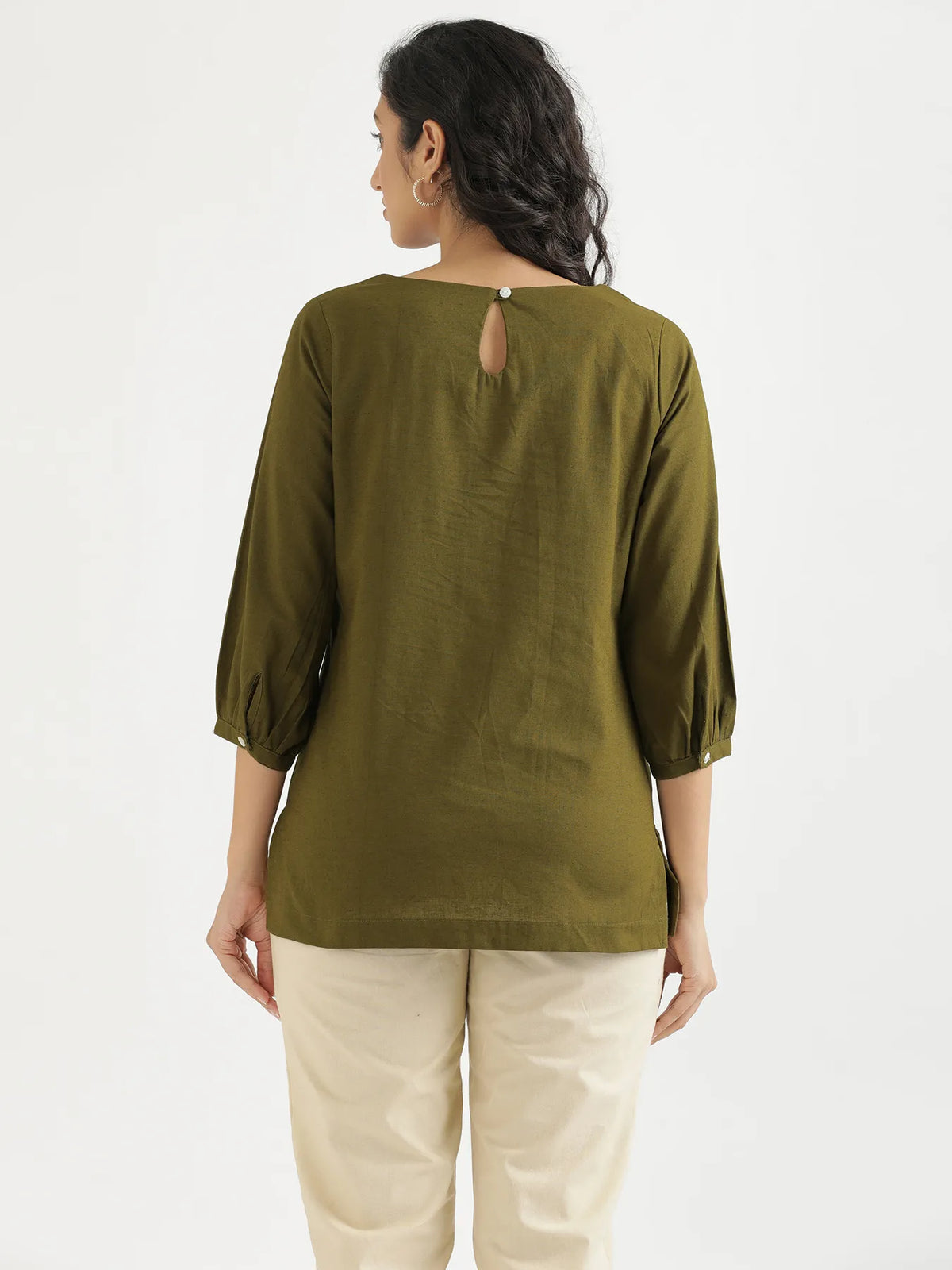Women Olive Green Airy Linen Puff Sleeve Short Kurta