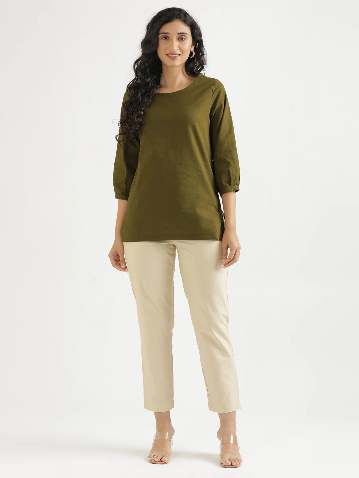 Women Olive Green Airy Linen Puff Sleeve Short Kurta