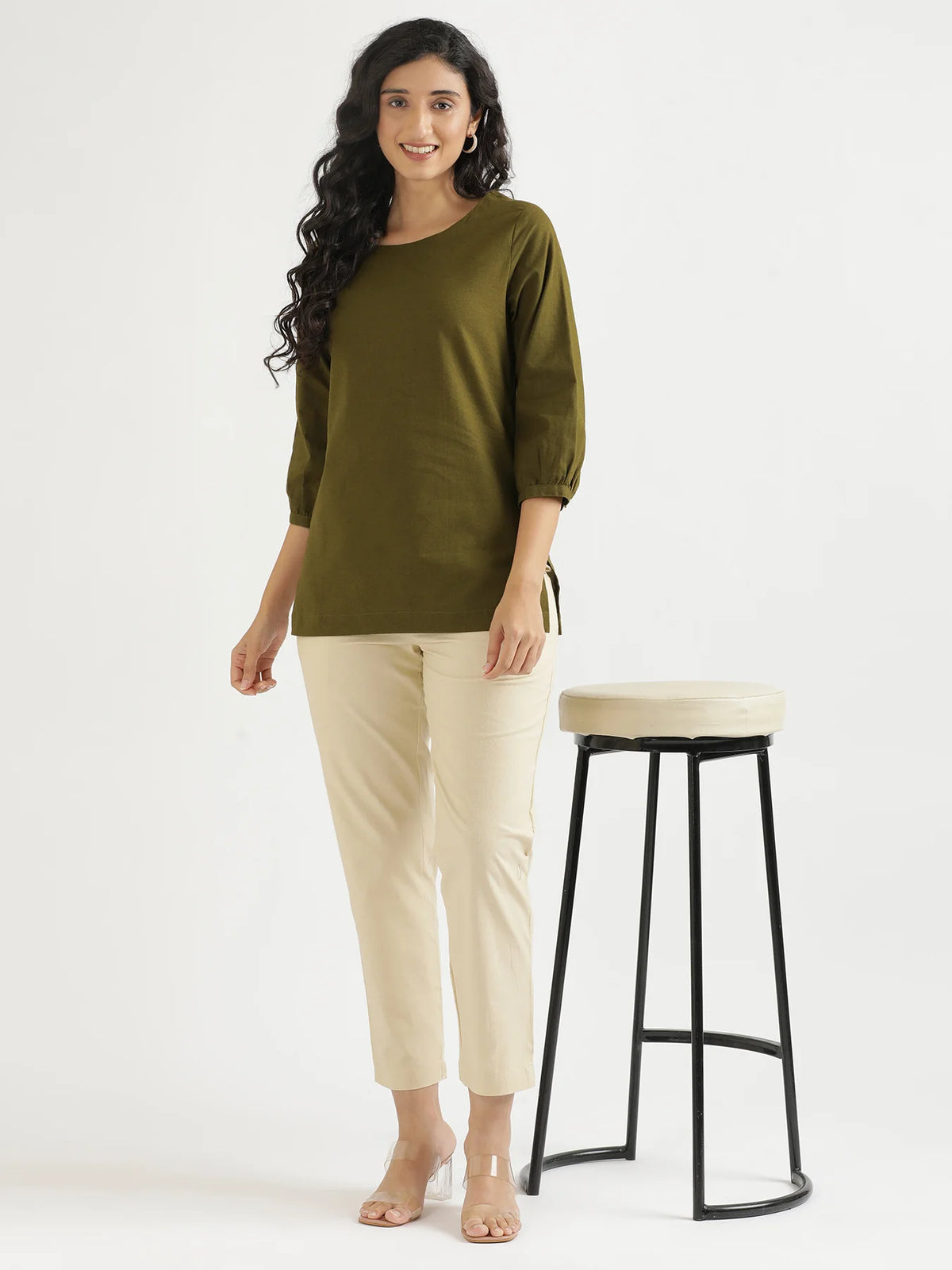 Women Olive Green Airy Linen Puff Sleeve Short Kurta