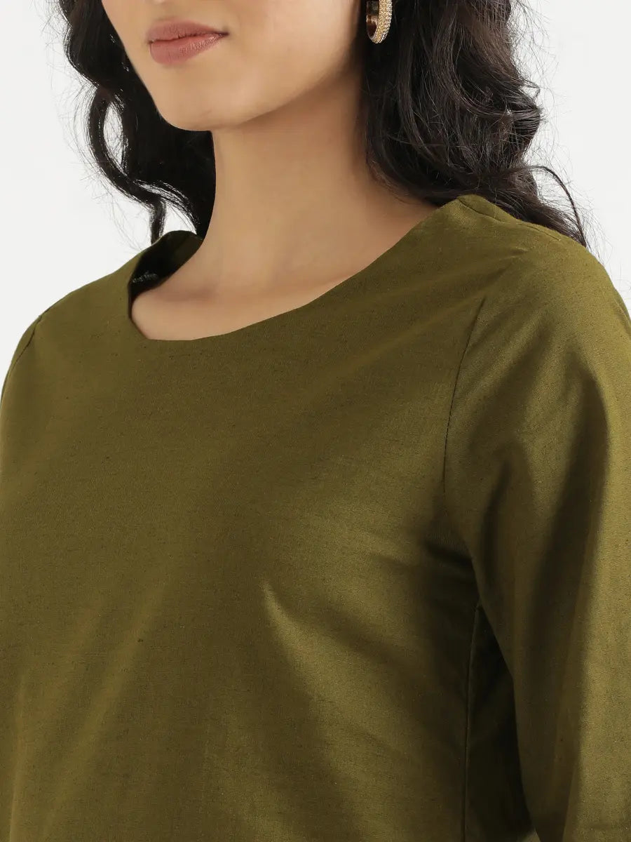 Women Olive Green Airy Linen Puff Sleeve Short Kurta
