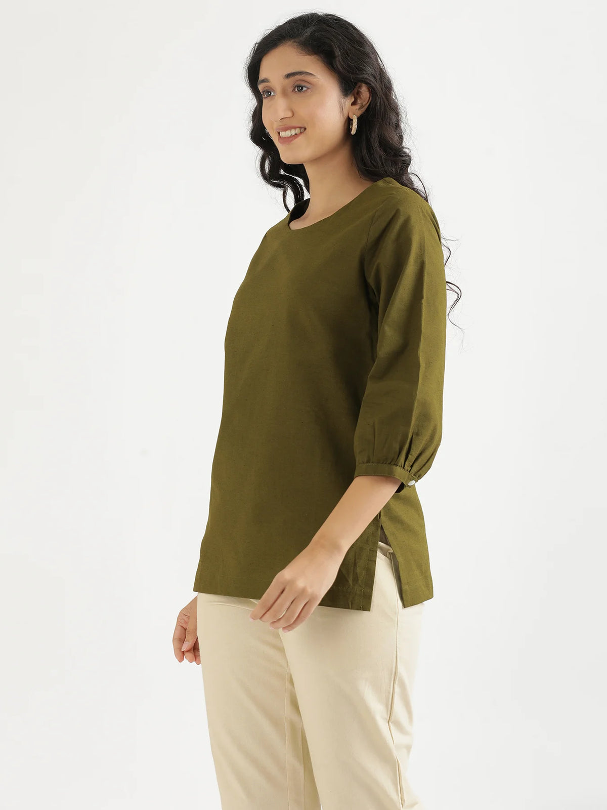 Women Olive Green Airy Linen Puff Sleeve Short Kurta