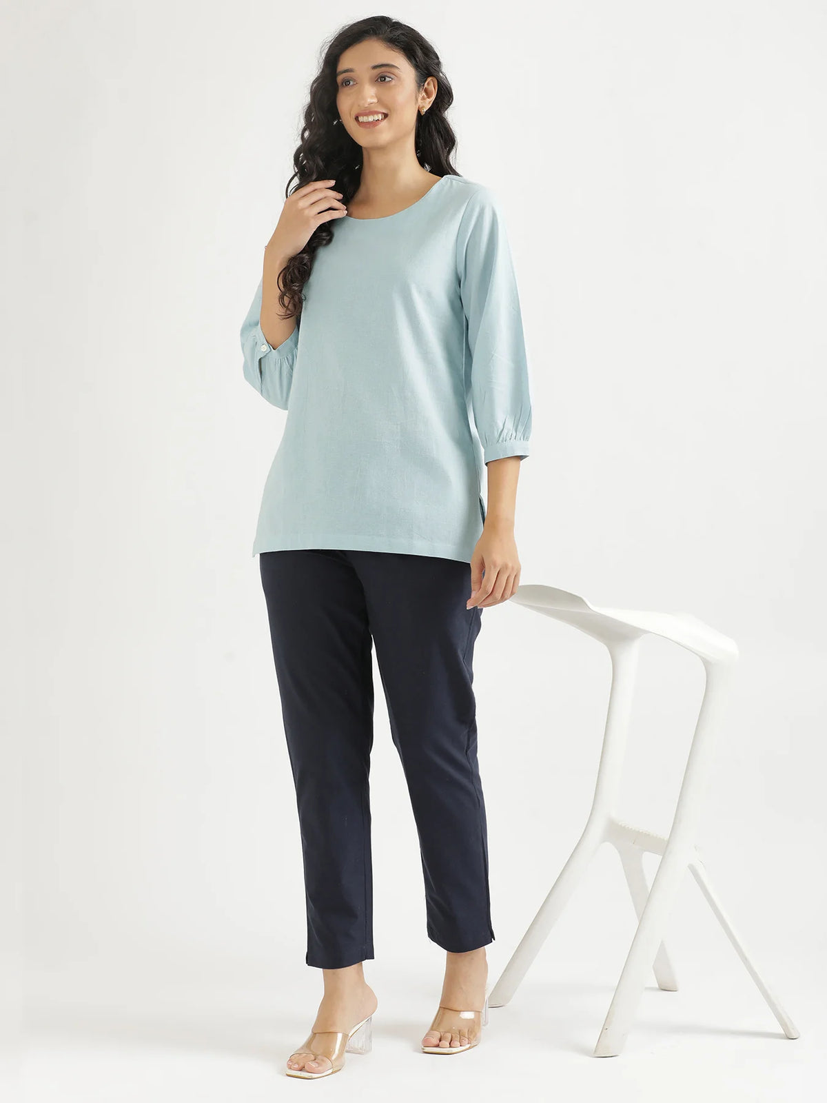 Women Sky Blue Airy Linen Puff Sleeve Short Kurta
