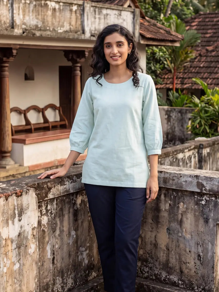 Women Sky Blue Airy Linen Puff Sleeve Short Kurta