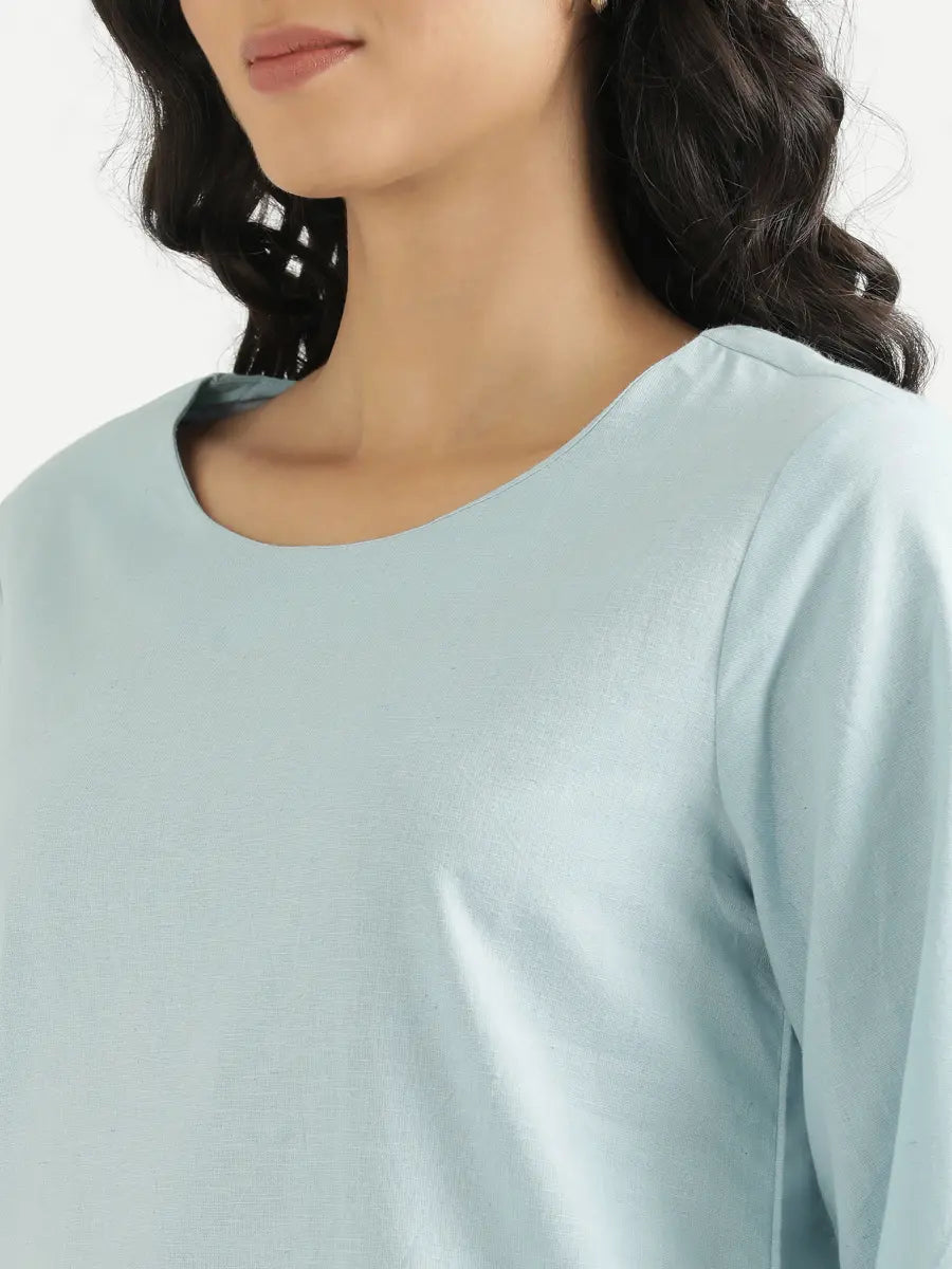 Women Sky Blue Airy Linen Puff Sleeve Short Kurta