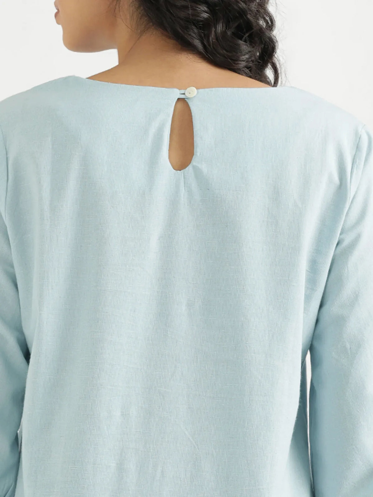 Women Sky Blue Airy Linen Puff Sleeve Short Kurta