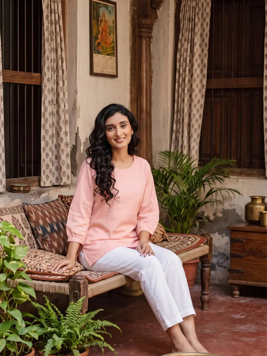 Women Salmon Pink Airy Linen Puff Sleeve Short Kurta