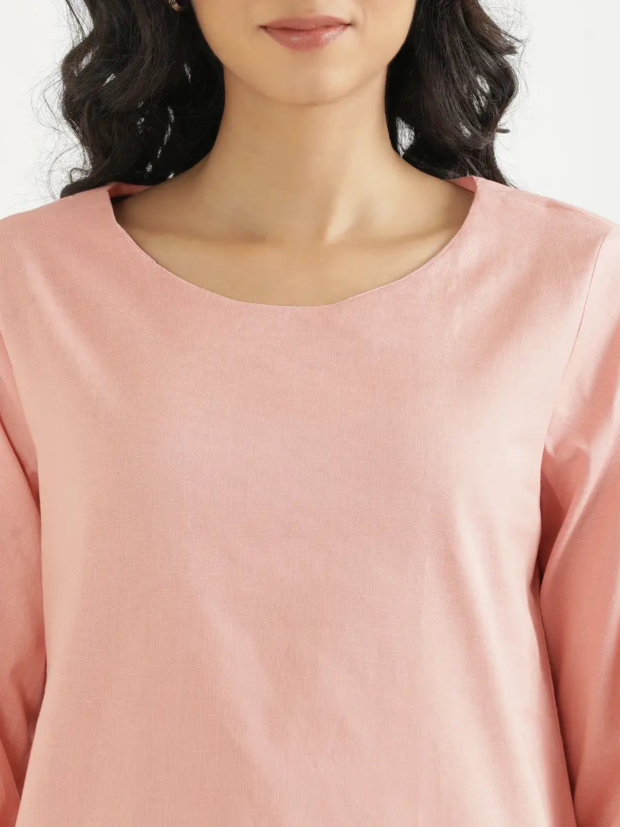 Women Salmon Pink Airy Linen Puff Sleeve Short Kurta