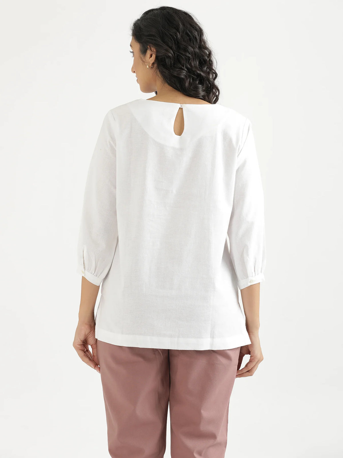 Women White Airy Linen Puff Sleeve Short Kurta