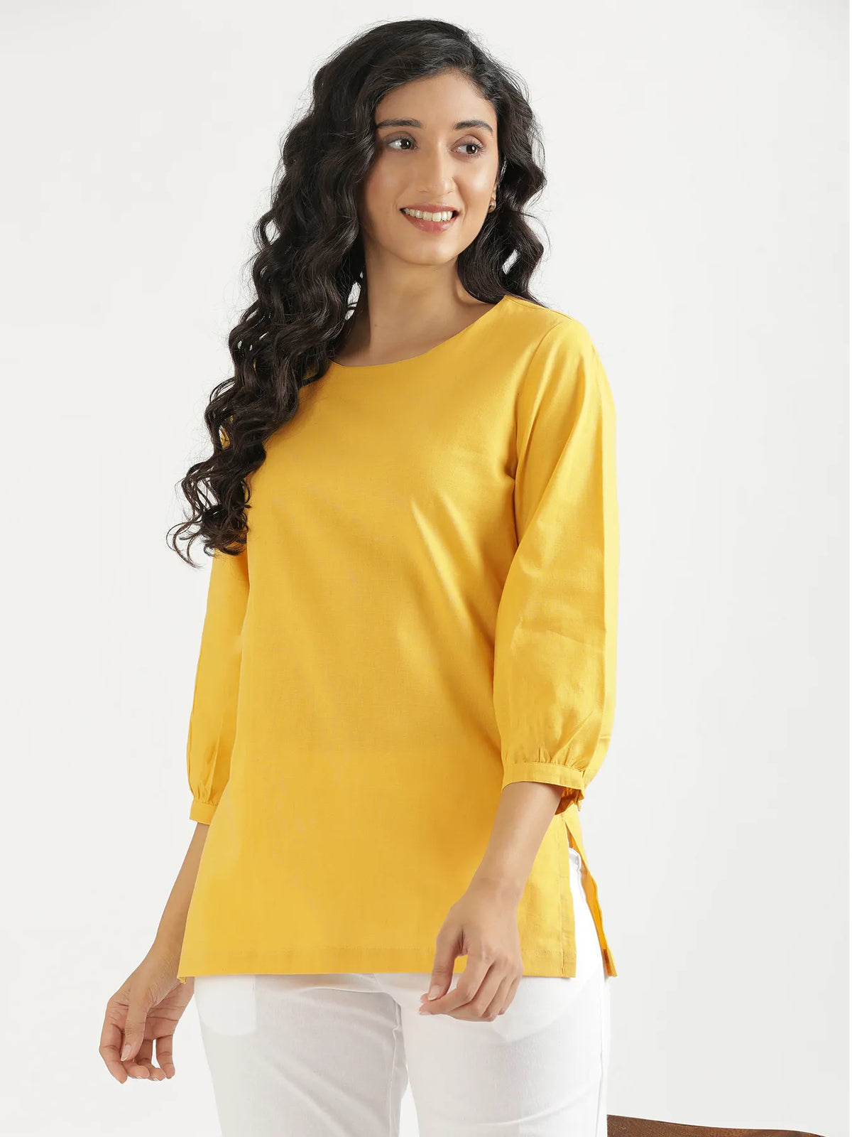 Women Yellow Airy Linen Puff Sleeve Short Kurta