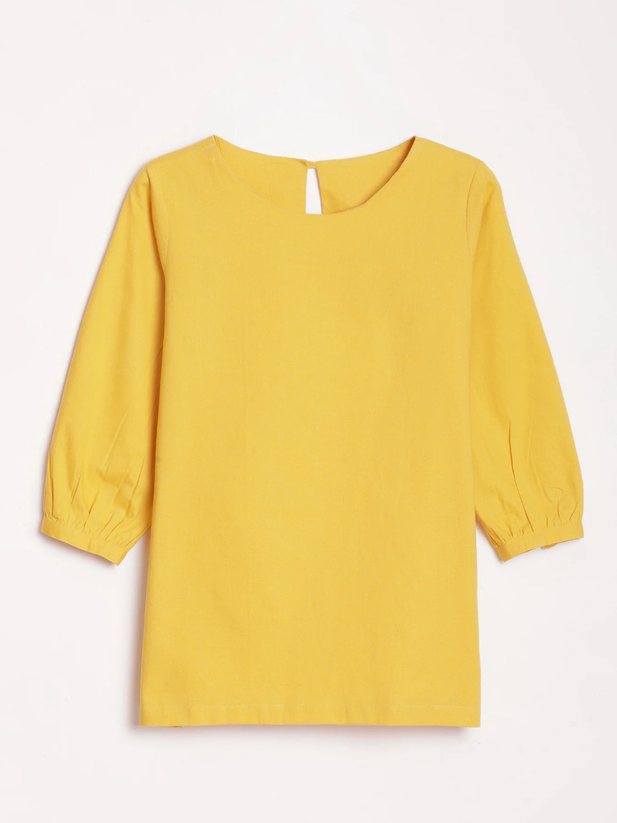 Women Yellow Airy Linen Puff Sleeve Short Kurta