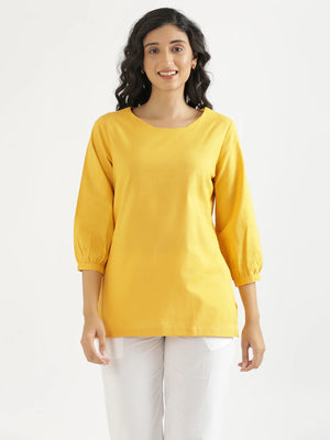 Women Yellow Airy Linen Puff Sleeve Short Kurta