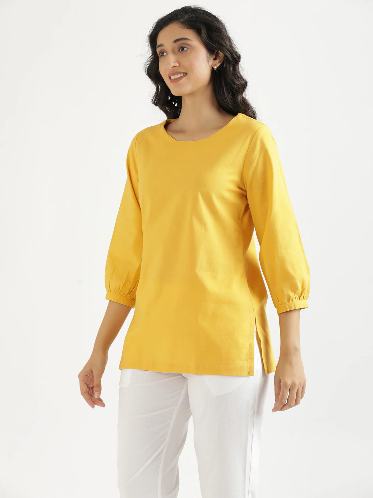 Women Yellow Airy Linen Puff Sleeve Short Kurta