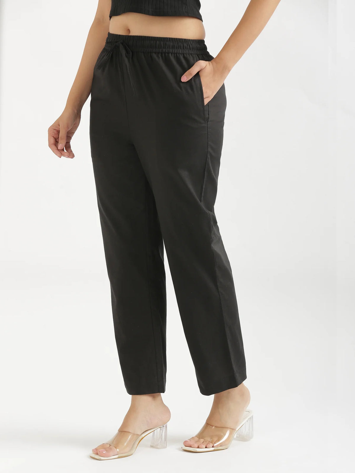 Women Black Airy Linen Relaxed Straight Pant