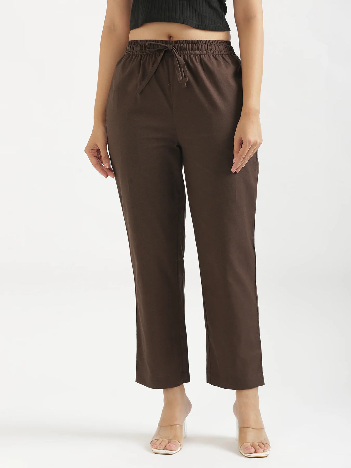Women Dark Brown Airy Linen Relaxed Straight Pant