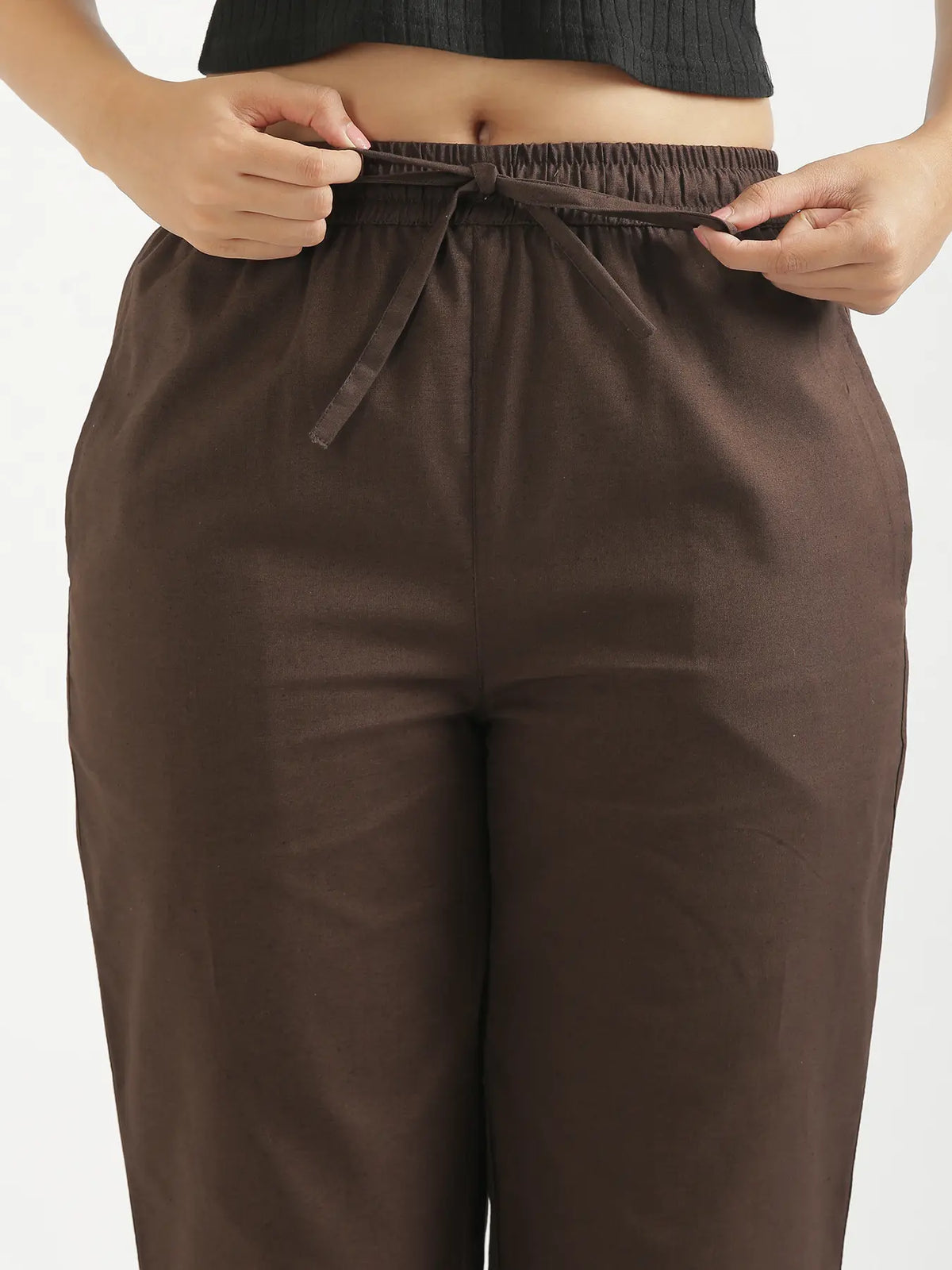 Women Dark Brown Airy Linen Relaxed Straight Pant