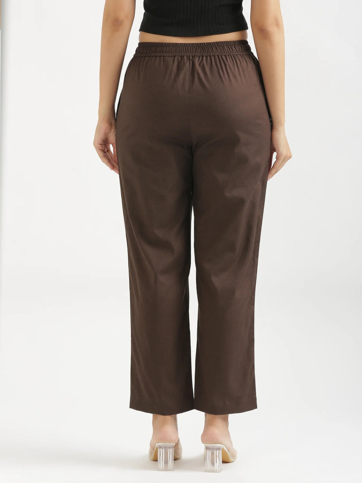 Women Dark Brown Airy Linen Relaxed Straight Pant