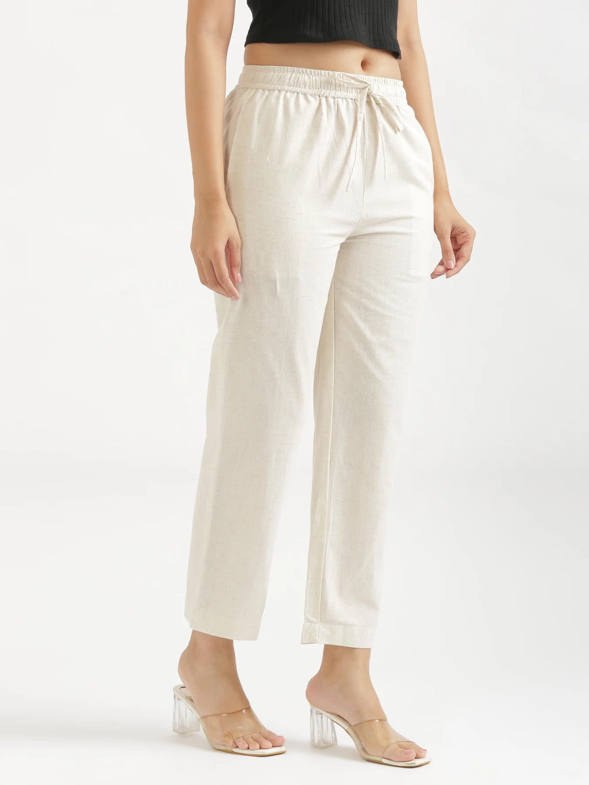 Women Ecru Airy Linen Relaxed Straight Pant