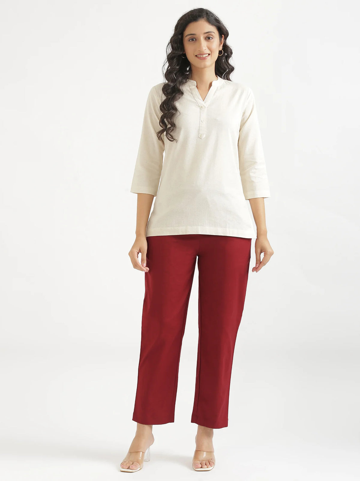 Women Maroon Airy Linen Relaxed Straight Pant