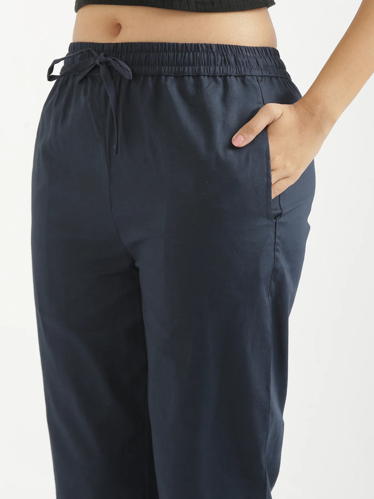 Women Navy Blue Airy Linen Relaxed Straight Pant