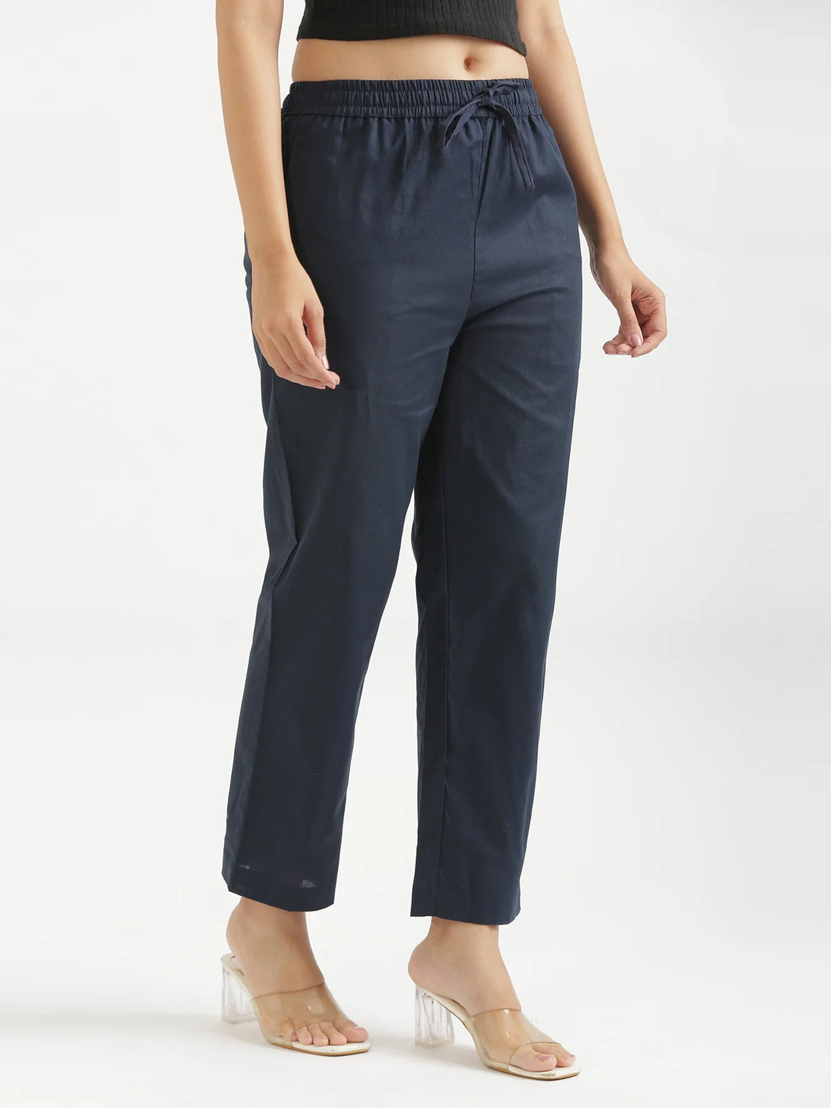 Women Navy Blue Airy Linen Relaxed Straight Pant