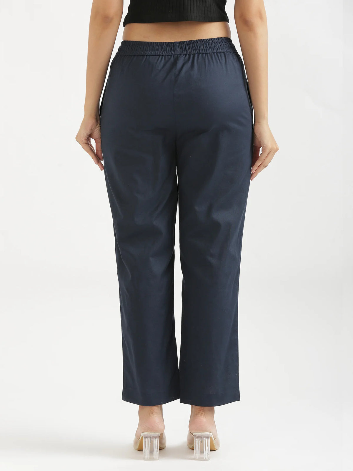 Women Navy Blue Airy Linen Relaxed Straight Pant