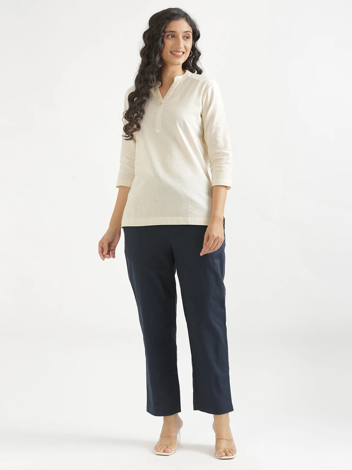 Women Navy Blue Airy Linen Relaxed Straight Pant