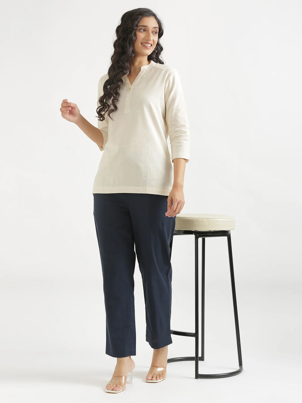 Women Navy Blue Airy Linen Relaxed Straight Pant