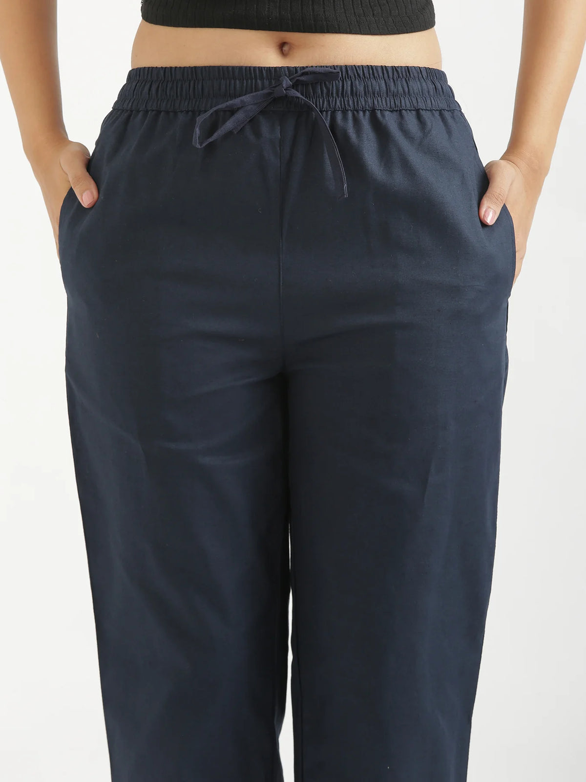 Women Navy Blue Airy Linen Relaxed Straight Pant