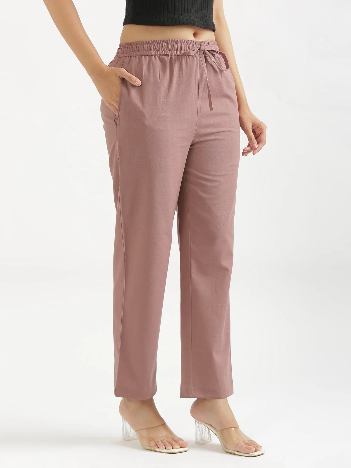 Women Rose Taupe Airy Linen Relaxed Straight Pant