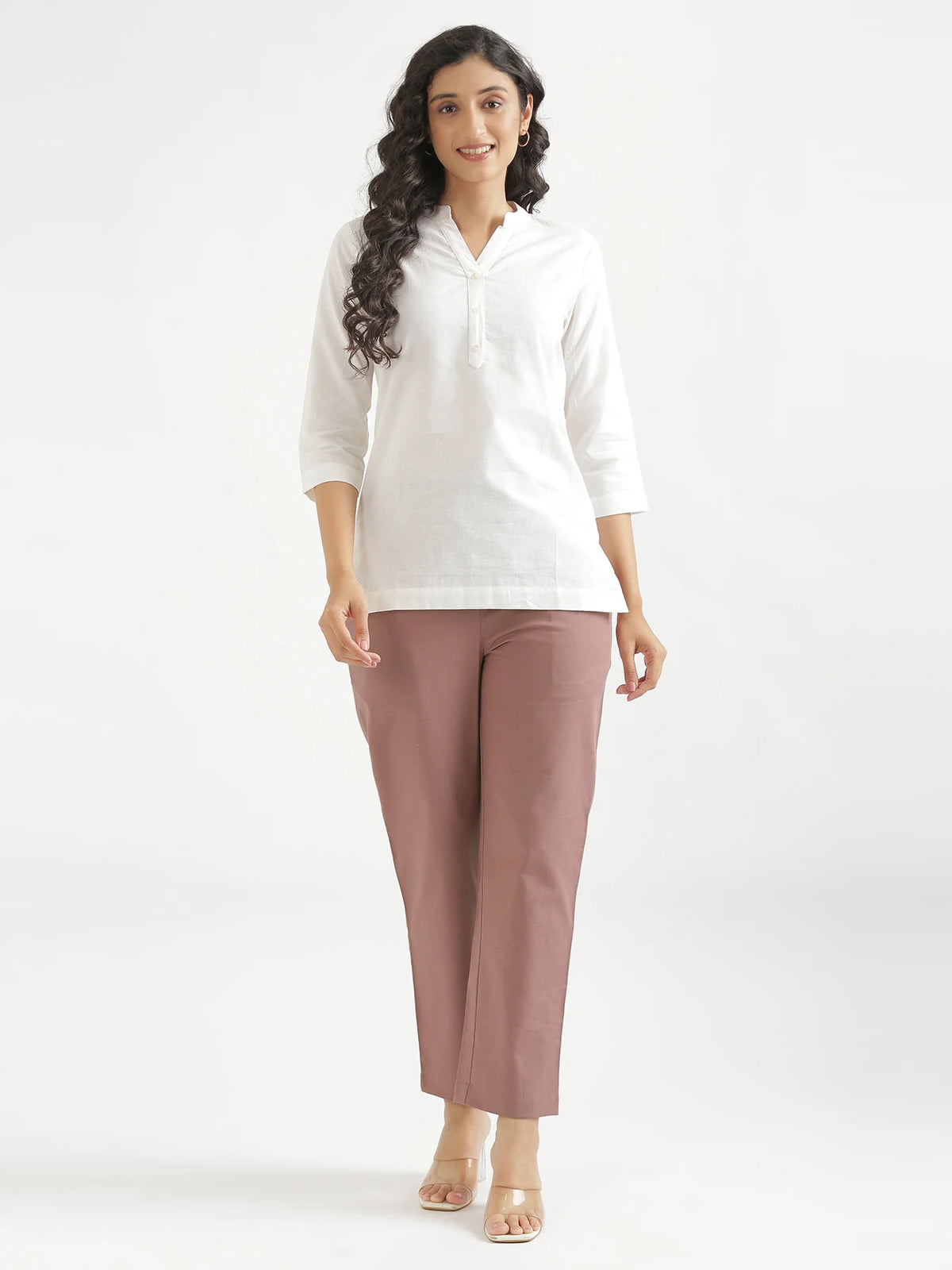 Women Rose Taupe Airy Linen Relaxed Straight Pant