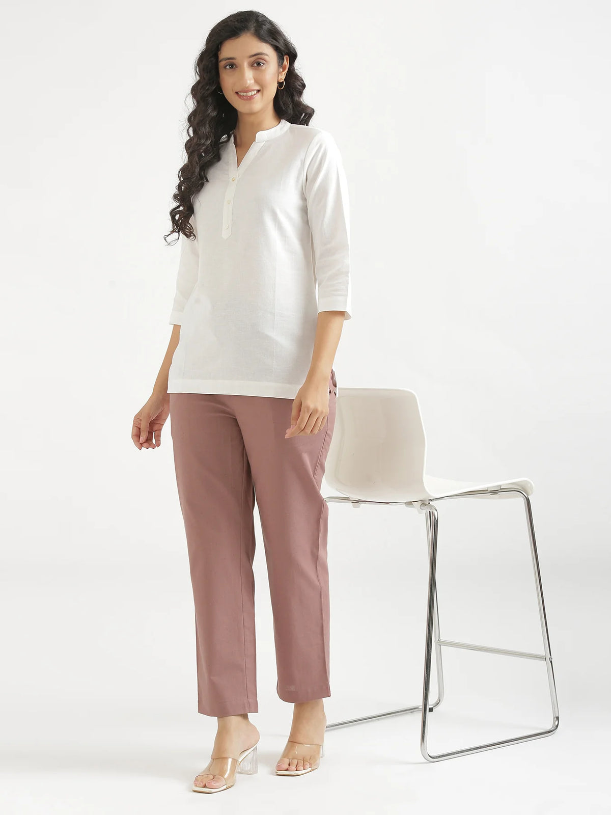 Women Rose Taupe Airy Linen Relaxed Straight Pant
