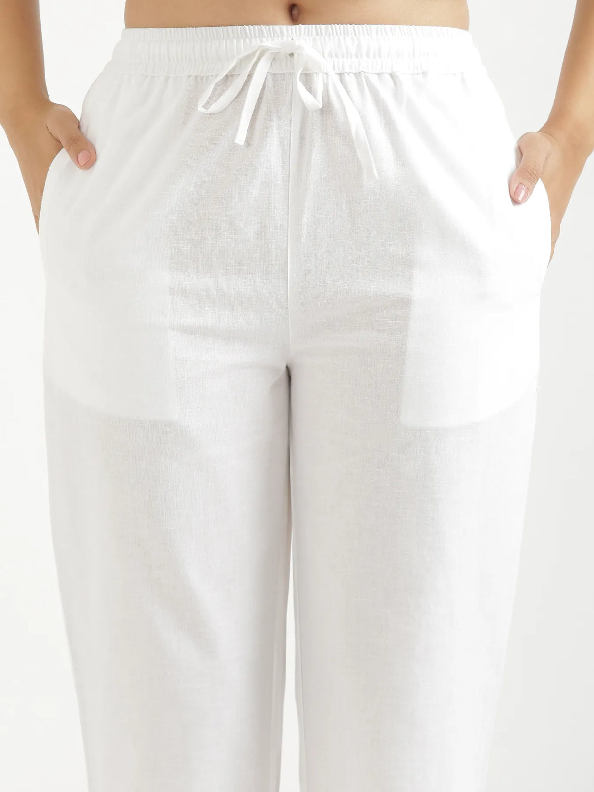 Women White Airy Linen Relaxed Straight Pant